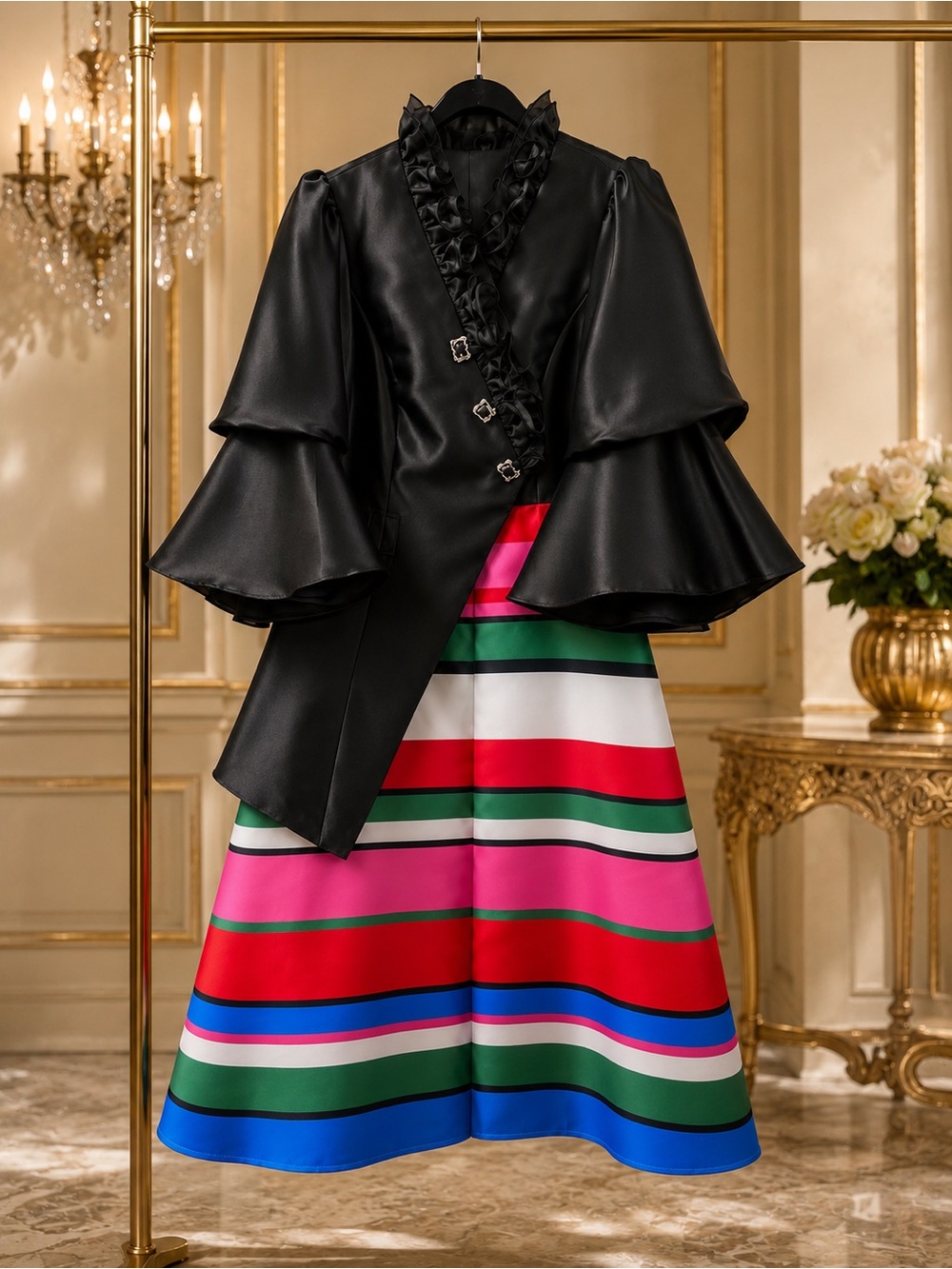 Black Ruffled satin Jacket dress with Multicolor Striped bottom.
